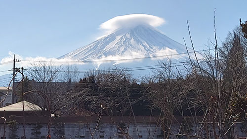 丸弥荘庭から見える笠雲の富士山（２月１日撮影)